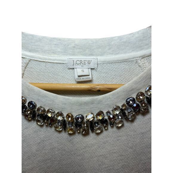 J. Crew Rhinestone Jewel Neckline Holiday Heathered Cream Sweatshirt 100% Cotton - Picture 4 of 12